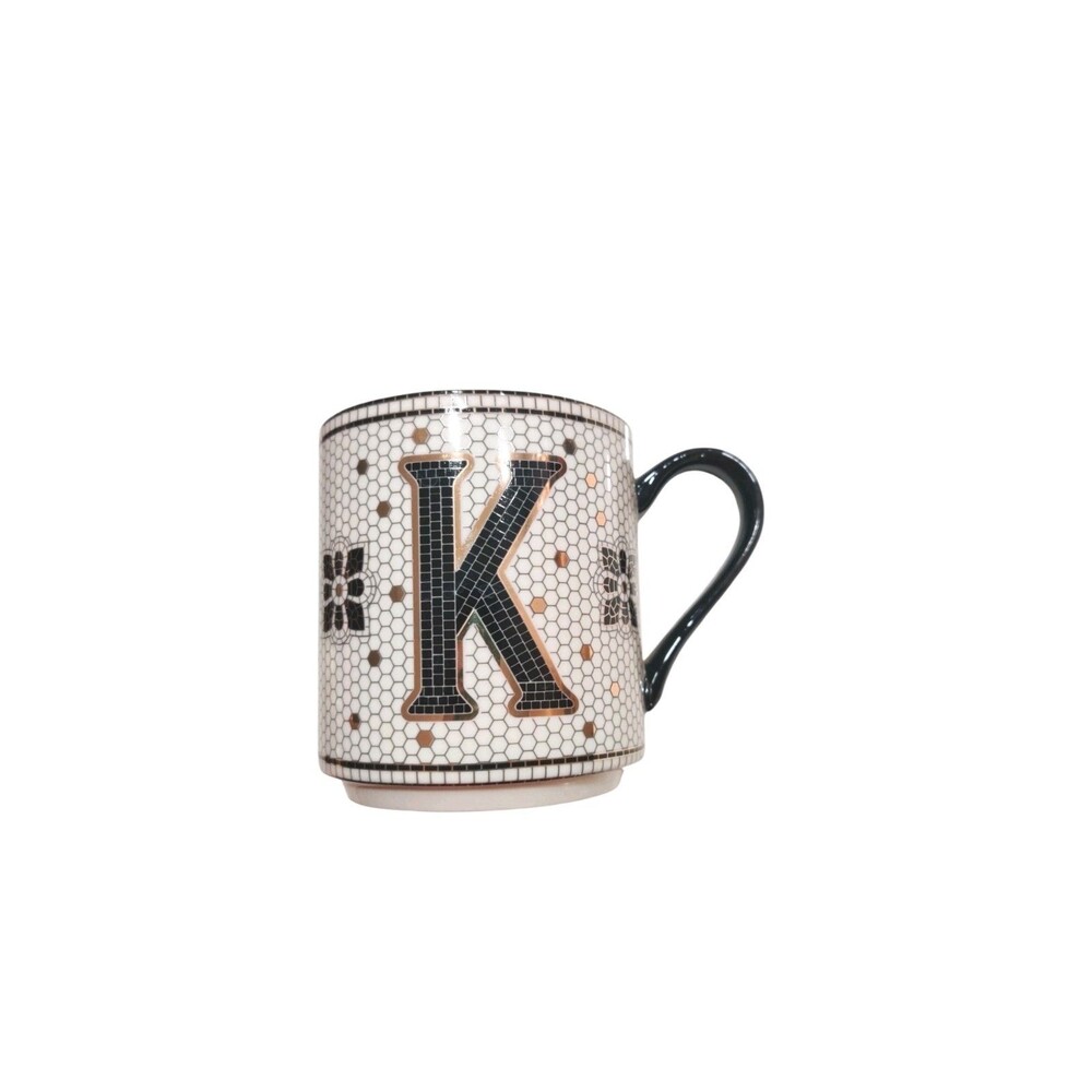 NEW Anthropologie TILED MARGOT MONOGRAM "K" 15oz Mug Black White Gold Mosaic MM
